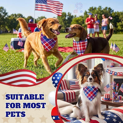 Abbylike 50 Pcs 4th of July Plaid Dog Bandanas Bulk Red White Blue Gingham Bandana for Dogs Triangle Kerchief Bib Scarf for Pet Independence Day 250th Anniversary Patriotic Party Costume, 25 Styles