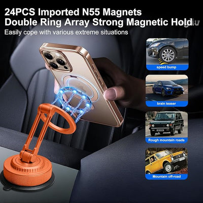 All-Metal Alloy Magnetic Suction Cup Car Phone Mount Holder Dash (Orange) | Strong Powerful Magnetic Heavy-Duty Suction Cup Windshield Dashboard Cell Mobile Phone Mount, Vehicle Bracket Holder for Car