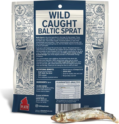 Plato Pet Treats Fish Dog Treats - Air-Dried, Single Ingredient Pet Treat - Omega 3 & 6 Fatty Acids to Support Skin and Coat - 100% Whole Fish - Wild Caught Baltic Sprat - 3 oz - 2 Pack