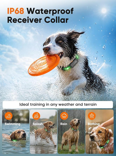 Dog Shock Collar - 3300ft Dog Training Collor with Remote, IP68 Waterproof Rechargeable Collar with Light Strap, 3 Training Modes, Safe Lock, E Collar for 15-120lbs Medium Large Dogs, Neck 14"-25"