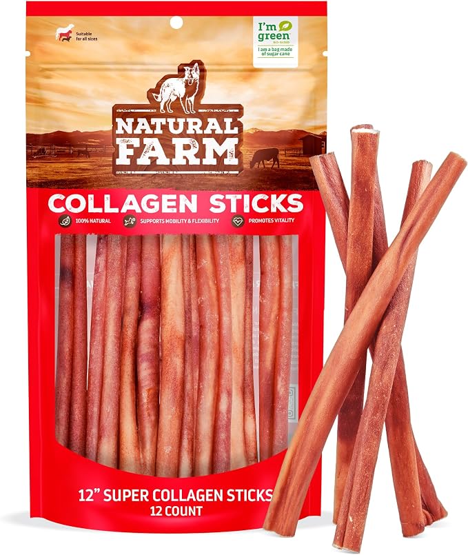 Natural Farm Odor-Free Super Collagen Dog Chews (12-Inch, 12-Pack) The First Ever Real Bull Sticks Alternative: 100% Natural Angus Hide Collagen Treats - More Protein, More Chew Time for All Dogs
