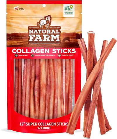 Natural Farm Odor-Free Super Collagen Dog Chews (12-Inch, 12-Pack) The First Ever Real Bull Sticks Alternative: 100% Natural Angus Hide Collagen Treats - More Protein, More Chew Time for All Dogs
