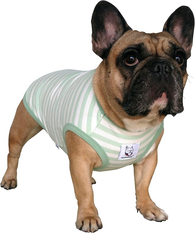 iChoue English Bulldog 100% Breathable Cotton Striped T Shirts Halloween Vest Clothes for Medium Dogs Tank Tops Puppy French Frenchie Pug Boston Terrier Pitbull Green White Stripes - XLarge