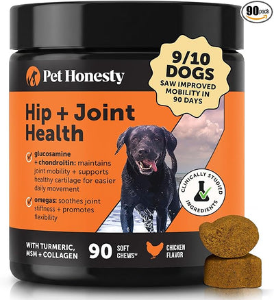 Hip + Joint Supplement for Dogs with Glucosamine Chondroitin - MSM, Turmeric & Collagen Soft Chews - Joint Function, Stiffness, and Mobility Support, May Reduce Occasional Discomfort (Chicken, 90 Ct)