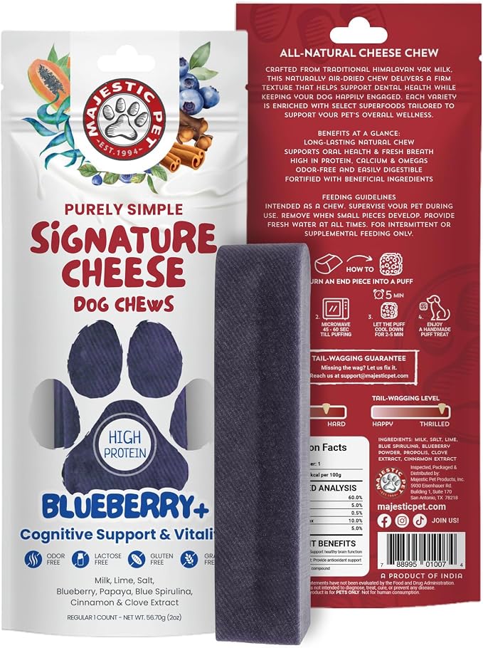 Majestic Pet Himalayan All-Natural Cheese Dog Chews - Long Lasting Dental Chew for Dogs - Healthy Pet Treats with Beneficial Ingredients (Cognitive Support & Vitality, Regular, 1 Pack)