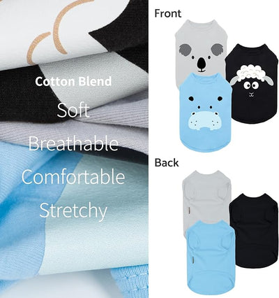 Fitwarm 3 Pack Hippo Sheep Koala Dog Shirt, Summer Clothes for Small Dogs Boy Girls, Funny Pet Outfit, Black, White, Gray, Blue, XS