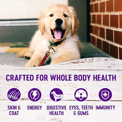 Whimzees Wellness Complete Health Dry Puppy Food, 5 Pound Bag Puppy Dental Chew Treats + Wellness Soft Puppy Bites, 8 Ounce Bag