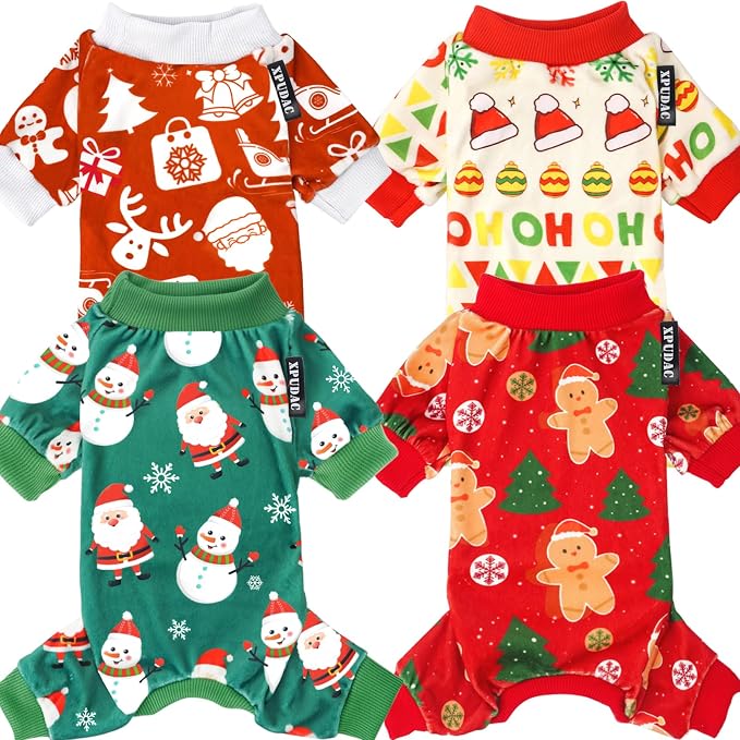 XPUDAC 4 Pieces Dog Christmas Pajamas Santa Pet Doggie Clothes Cute Dog Pajamas Red Green Pjs, 3XL