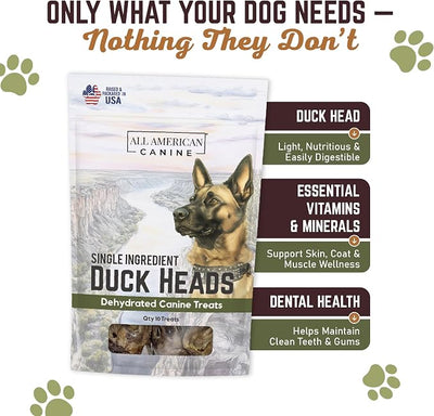 All American Canine 30 Natural Duck Head Dog Treats – Single Ingredient, Dehydrated & Digestible – Low-Fat, High-Protein Chew for Training & Dental Health – Made in USA