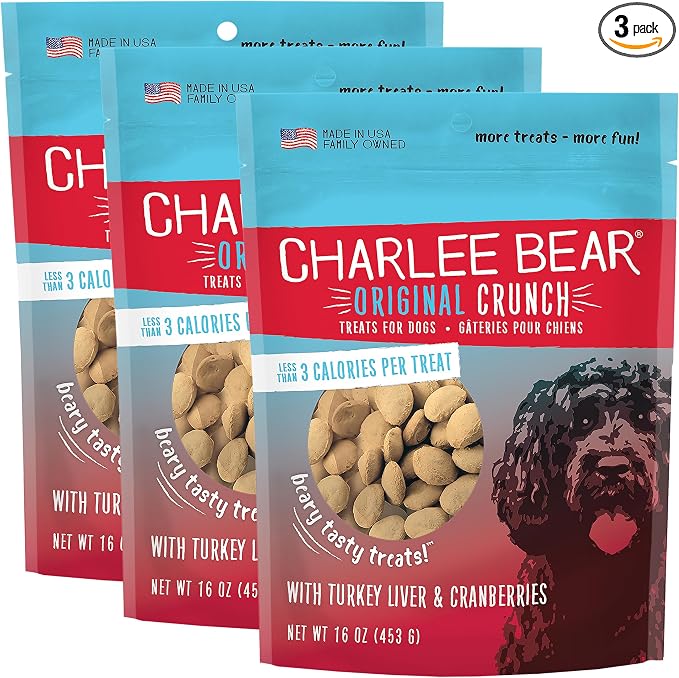 Charlee Bear Original Crunch Dog Training Treats, Turkey Liver & Cranberries, 3 Calories Each, Low Calorie Natural Rewards for Puppies to Adult Dogs, Made in USA, 16 oz (3-Pack)
