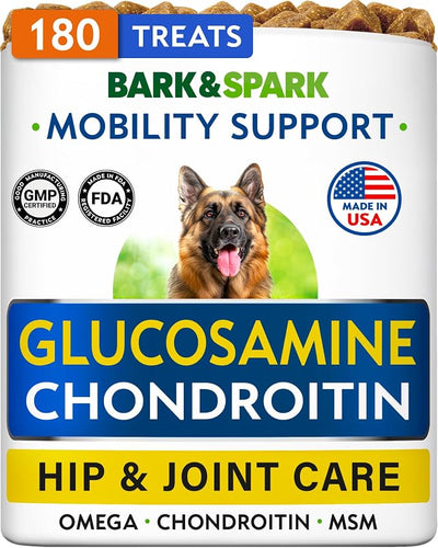 BARK&SPARK Glucosamine Treats for Dogs - Complete Hip and Joint Supplement for Dogs w/Glucosamine, Chondroitin, MSM - Mobility, Flexibility & Comfort Aid - All Breeds & Ages - 180Ct
