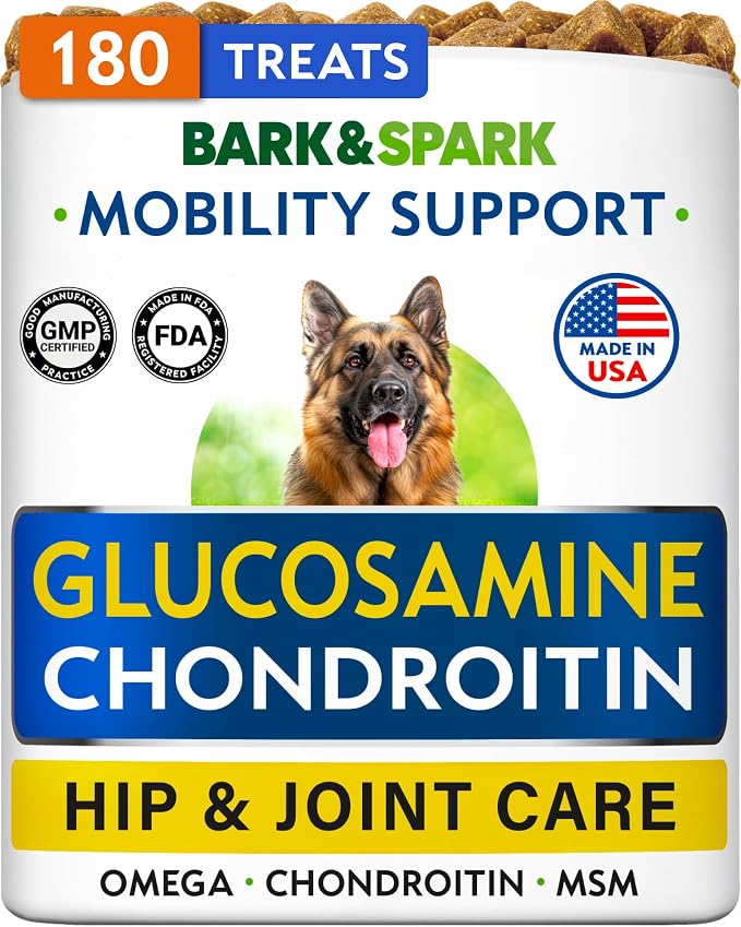 BARK&SPARK Glucosamine Treats for Dogs - Complete Hip and Joint Supplement for Dogs w/Glucosamine, Chondroitin, MSM - Mobility, Flexibility & Comfort Aid - All Breeds & Ages - 180Ct