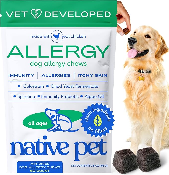 Native Pet Dog Allergy Chews - Dog Allergy Relief for Medium Breeds - Supports Seasonal Itch Relief, Healthy Immune Function & Reduces Sneezing - Colostrum, Spirulina, & Probiotics - 60 Days Supply