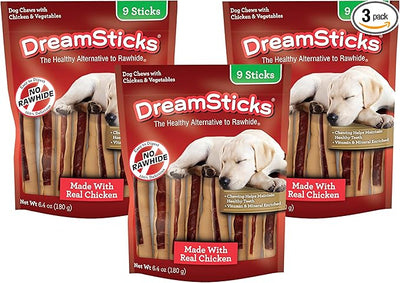 DreamBone DreamSticks, Rawhide Free Dog Chew Sticks Made with Real Chicken and Vegetables, 9 Sticks (Pack of 3)