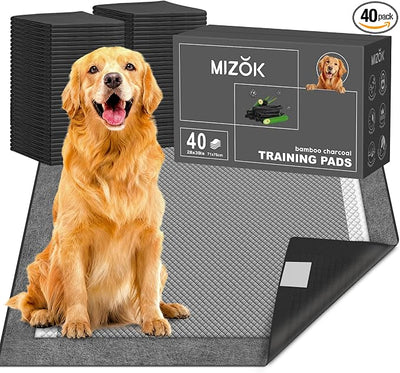 MIZOK Pee Pads for Dogs Charcoal, 28x30in Large Wee Wee Pads for Dogs, Superior Odor Protection, Super Absorbent & Leak-Proof, Puppy Pads with Adhesive Tabs, Thick & Heavy (40 Count)
