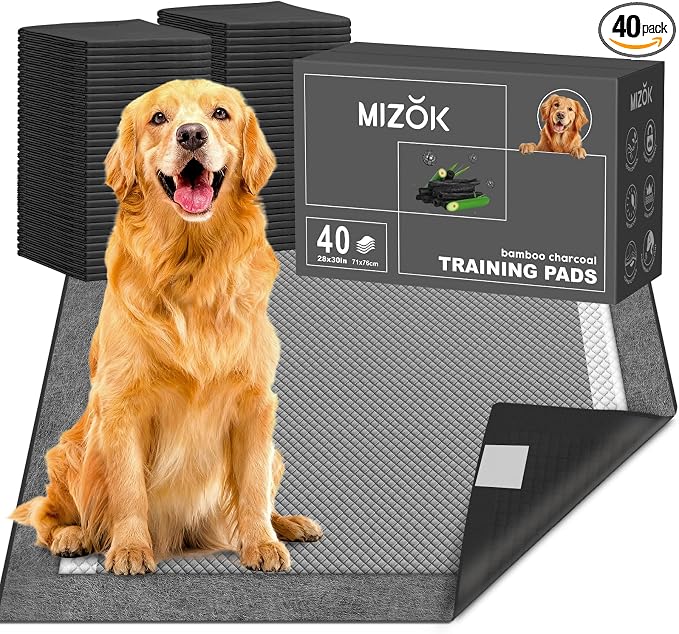 MIZOK Pee Pads for Dogs Charcoal, 28x30in Large Wee Wee Pads for Dogs, Superior Odor Protection, Super Absorbent & Leak-Proof, Puppy Pads with Adhesive Tabs, Thick & Heavy (40 Count)