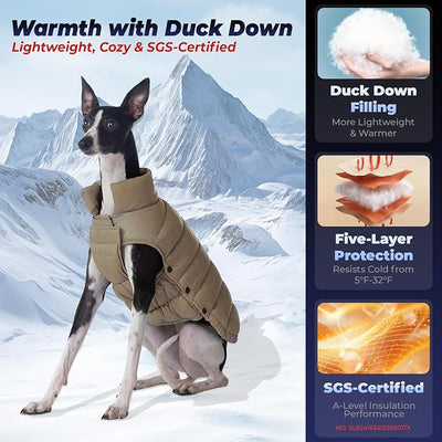 SPACE LION Dog Puffer Jacket, Down Winter Coat, Durable Outdoor Coat for Cold and Windy Conditions, Lightweight & Adjustable Fit Coats for Medium & Large Dogs,(Khaki, Size16/XL)