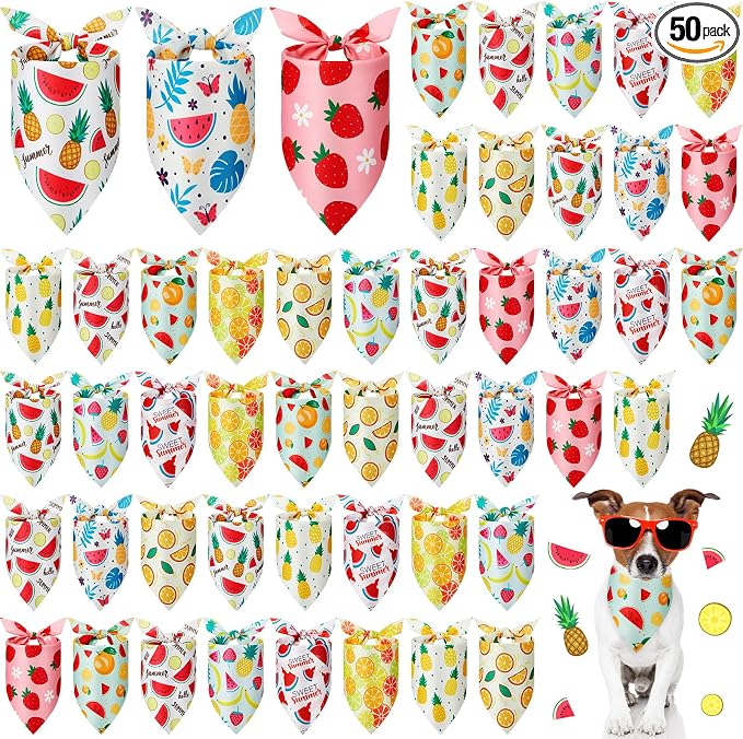 Weewooday 50 Pcs Fruit Dog Bandanas Bulk for Summer Soft Bibs Adjustable Triangle Pet Bandana for Small Medium Large Costume(Fruits Pattern, 25.6 x 17.7 x 17.7 Inch)