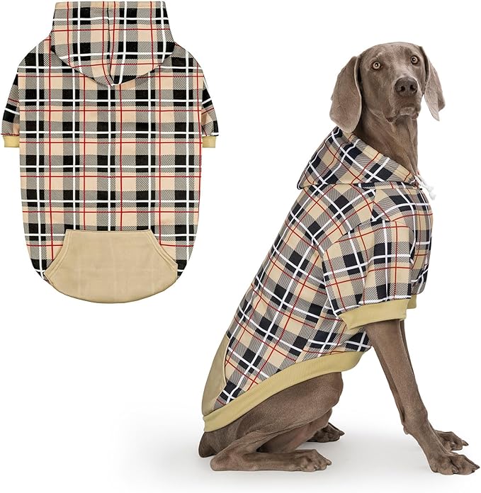 EXPAWLORER Plaid Dog Hoodie - British Style Warm Dog Sweater Shirt with Leash Hole,Pitbull Clothes Outfits,Winter Coat Apparel for All Breeds Puppy Girl Boy-Cat Apparel,Beige Large