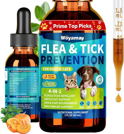 Woyamay 4-IN-1 Flea and Tick Prevention Drops for Dogs and Cats, Natural Cat & Dog Flea and Tick Treatment, Supports Flea Defense, Gut Health, Skin & Coat Nourishment, and Immune Support, Bacon Flavor