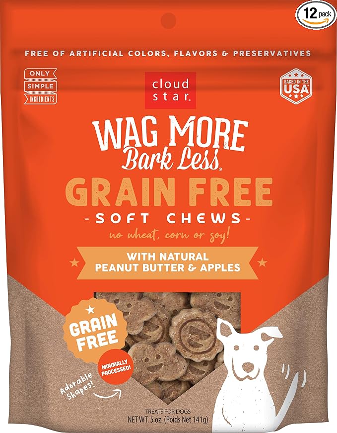 Cloud Star Corp, Wag More Bark Less Soft & Chewy Grain Free Peanut Butter & Apples Dog Treats (Pack of 12)
