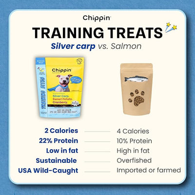 Chippin Low Calorie Training Treats for Dogs & Puppies, Reward Confidently with Real Fish & Sweet Potato Soft Mini Bites, Healthy, Natural, 2 Calories Each, No Chicken, 4 Pack