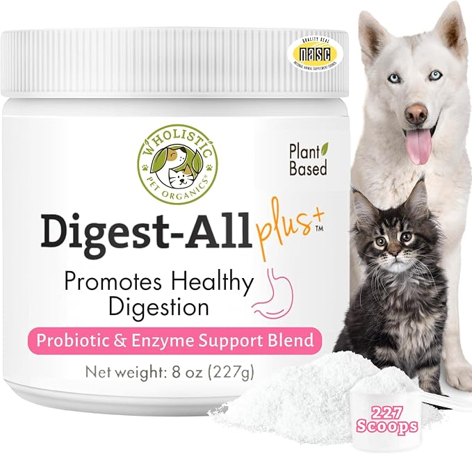 Wholistic Pet Organics Daily Cat & Dog Probiotics for Digestive Health, Anti Diarrhea & Gut Support - Probiotics for Dogs with Digestive Enzymes & Prebiotic Fiber - Cat Probiotic - 8 Oz - 227 Scoops