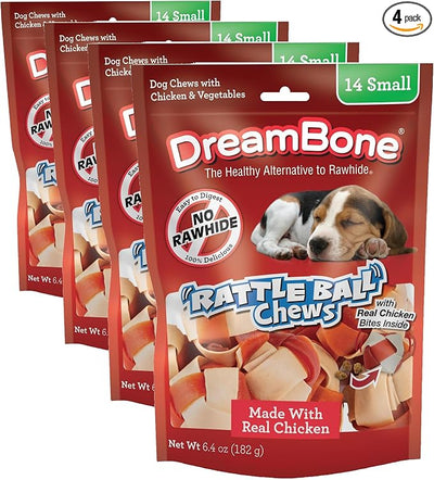 DreamBone RattleBall Small Chews, Rawhide-Free Chews for Dogs, with Real Chicken Treats Inside, 14 Count (Pack of 4)