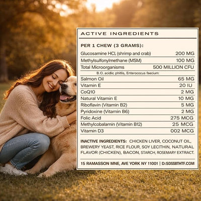 DM-01 Daily Multivitamin for Dogs, 12-in-1 Soft Chews with Salmon Oil, Probiotics, Chondroitin & Vitamins, Skin & Coat, Gut, Hip & Joint and Immune Support, Beef Flavor, 60 Chews