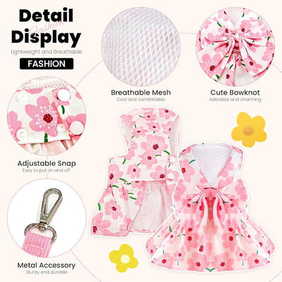 ABRRLO Cute Dog Dress Small Dog Clothes For Girls Female Puppy Outfits Pink Floral Pet Summer Clothes Bowknot Doggy Cat Princess Dress Harness Set for Holiday Birthday Party Costume Clothing (Pink,XL)