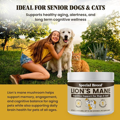 Organic Lion’s Mane for Dogs & Cats - Cognitive & Brain Support Supplement - Supports Memory, Focus & Nervous System Health - Mushroom Powder - 200 Servings