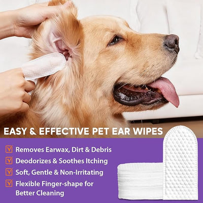 Pjordo Pet Ear Cleaner Set - Dog Ear Cleaner with Aloe Vera & Witch Hazel, Dog & Cat Ear Cleaner Solution for Soothing Ear Itching & Deodorize, Ear Wipes for Dogs & Cat Gently Removing Ear Wax & Dirt