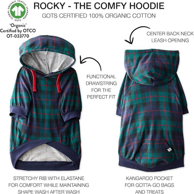 Pet Passion Rocky – The Original Lightweight Hooded Tee 100% Organic Cotton Dog Hoodie Pet Coat Sweater for All Sized Dogs, Black Watch Plaid, XX-Small (4-7 lbs)