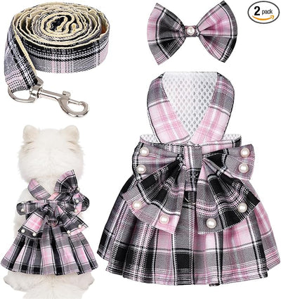 Dog Plaid Dress Harness and Leash Set with Pearls Bow Adjustable Puppy Dress Mesh Vest Bow Knot Pet Clothes for Cute Small Girl Dog Cat