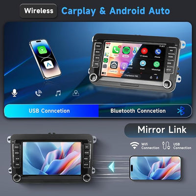 8 Core 6+128G Android Car Radio for VW Passat Golf MK5 MK6 Jetta T5 EOS Polo Touran Seat Sharan Wireless Carplay Android Auto, 7'' Touchscreen Car Radio with GPS Bluetooth WiFi FM/RDS DSP Rear Camera