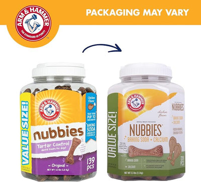 Arm & Hammer for Pets Nubbies Dental Treats Value Size Baking Soda Calcium Dog Dental Chews Scrubs Plaque Tartar Chicken Flavor 139 Count 52.8 OZ 6 Pack