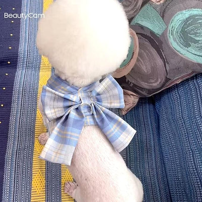 Plaid Dog Dress Bow Tie Harness Leash Set,Dog Clothes Harness Dress with Leash Ring for Small Dogs Girl, Puppy Princess Rabbit Clothes Chihuahua Yorkies Pet Outfits (Blue, X-Large)