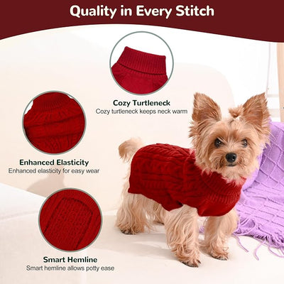 Dog Sweater 2 Pack for Small Dogs, Size XS, Red & Green | Stretchy cable knit turtleneck, machine washable, high belly cut, comfy winter fit for Chihuahua, Yorkie
