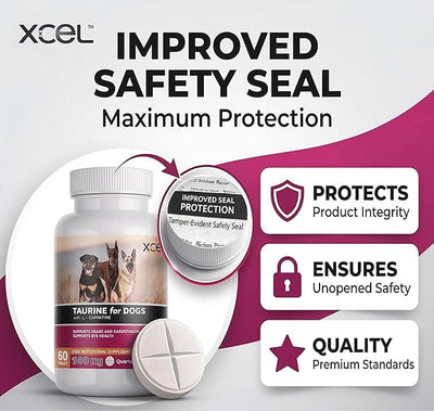 XCEL Taurine for Dogs 1000 mg Supplement with L-Carnitine, Quarter Scored Tablets (250 mg Split), Up to 240 Servings, Supports Heart, Eye & Energy Health