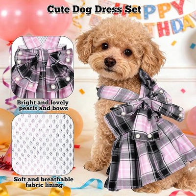 Dog Plaid Dress Harness and Leash Set with Pearls Bow Adjustable Puppy Dress Mesh Vest Bow Knot Pet Clothes for Cute Small Girl Dog Cat