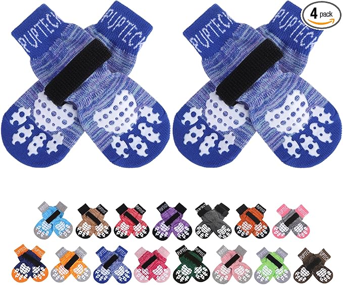 PUPTECK Anti-Slip Dog Socks with Double Sides Grips for Small Medium Large Dogs Hardwood Floors Prevents Licking, Dog Shoes for Hot Pavement Traction Control for Senior Dogs, Royal Blue, L