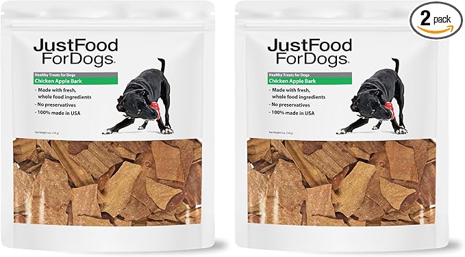 JustFoodForDogs Limited Ingredient Healthy Dog Treats and Dog Snacks, Jerky Treats, Human Grade, Preservative Free, Rawhide Free Chews, Low Calorie Treat - Chicken Apple Bark, 5 oz (Pack of 2)