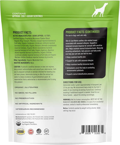 Om Mushroom Matrix Skin & Coat Mushroom Pet Supplement, Provides Seasonal Allergy Skin & Coat Support for Dogs & Cats, 200 Grams, 7.1 oz