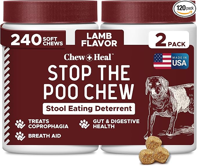 No Poo Chews for Dogs, 240 Soft Chews, Lamb Flavor Chew No Poo Bites -Dog Coprophagia Treatment, Deterrent to Stop Eating Poop -Treats Bad Breath and Boosts Gut Health -Made in USA (2 Packs of 120)