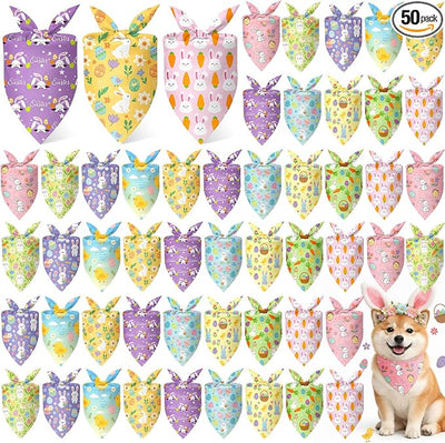 Weewooday 50 Pcs Easter Dog Bandanas Bulk with Bunny Rabbit Egg Carrot Pattern Soft Bibs Adjustable Triangle Pet Scarf Bowtie for Small Medium Large Costume Grooming(25.6 x 17.7 x 17.7 Inch)