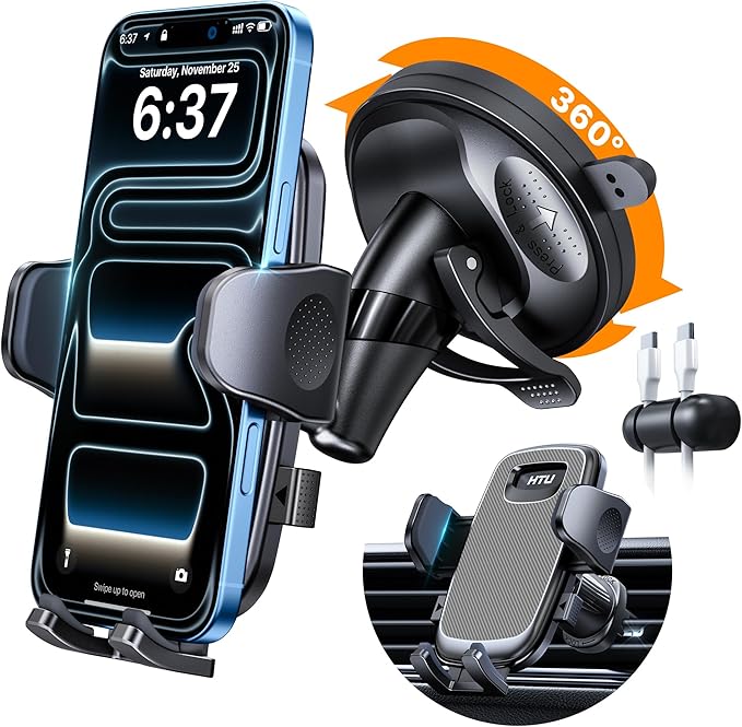 HTU [2026 Latest Upgrade Military-Grade Anti-Shake Car Phone Holder, 90+LBS Strong Suction Car Phone Mount, 360° Rotatable Mount for Dashboard Windshield Vent, for iPhone 17/16 Pro Max, Deep Gray