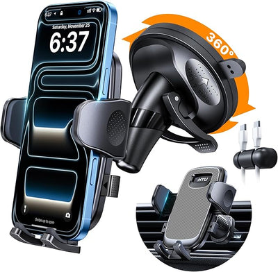 HTU [2026 Latest Upgrade Military-Grade Anti-Shake Car Phone Holder, 90+LBS Strong Suction Car Phone Mount, 360° Rotatable Mount for Dashboard Windshield Vent, for iPhone 17/16 Pro Max, Deep Gray