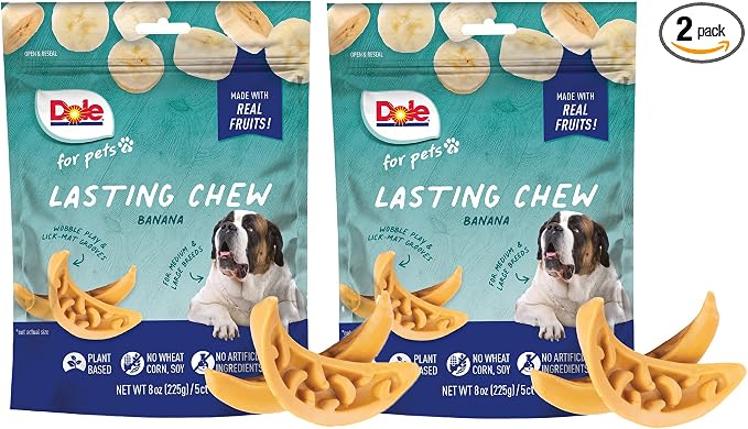 Dole for Pets Freshly Fetched Lasting Chew Banana Flavor Dog Treats, Medium and Large Breeds, No Wheat, Corn, Soy, Artificial Flavors, Colors, or Animal Products, 8 Ounces, 5 Chews - 2 Pack