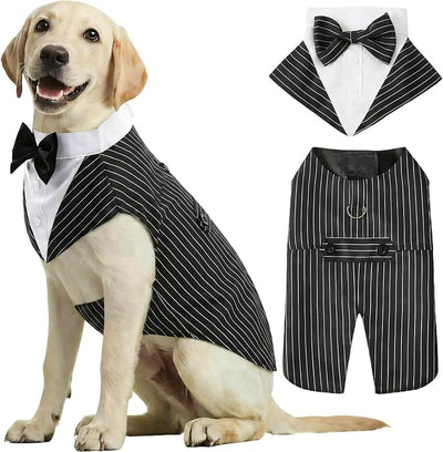 2 Pack Dog Tuxedo and Bandana Set, Pet Costume Formal Party Suit, Dog Clothes for Small Medium Large Dogs, Dog Prince Bow Tie Shirt Dog Wedding Attire for Golden Retriever (Stripes, Small)