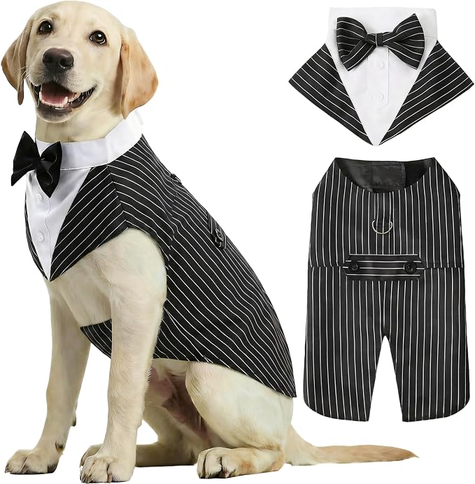 2 Pack Dog Tuxedo and Bandana Set, Pet Costume Formal Party Suit, Dog Clothes for Small Medium Large Dogs, Dog Prince Bow Tie Shirt Dog Wedding Attire for Golden Retriever (Stripes, XX-Large)